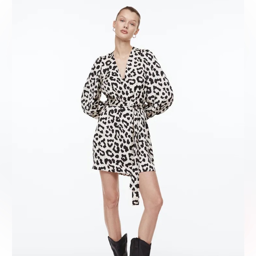H&M Animal Print Balloon Sleeve Satin Dress Size Small Leopard